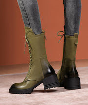 Chic Splicing Chunky Boots Green Cowhide Leather Lace Up