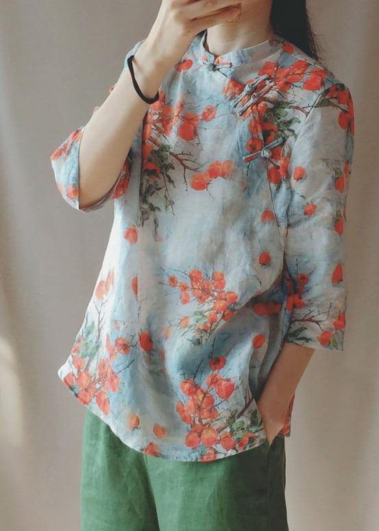 Chic Stand Collar Chinese Button Tops Women Print Shirts - bagstylebliss