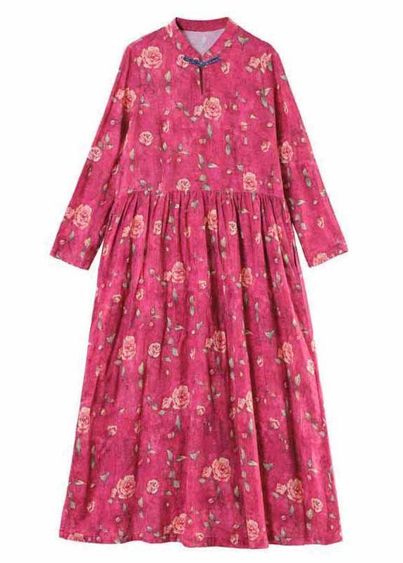 Chic Stand Collar Cinched Spring Dresses Red Print Plus Size Dress - bagstylebliss