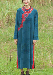 Chic Stand Collar Spring Tunics Pattern Blue Embroidery Long Dresses - bagstylebliss