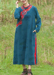 Chic Stand Collar Spring Tunics Pattern Blue Embroidery Long Dresses - bagstylebliss