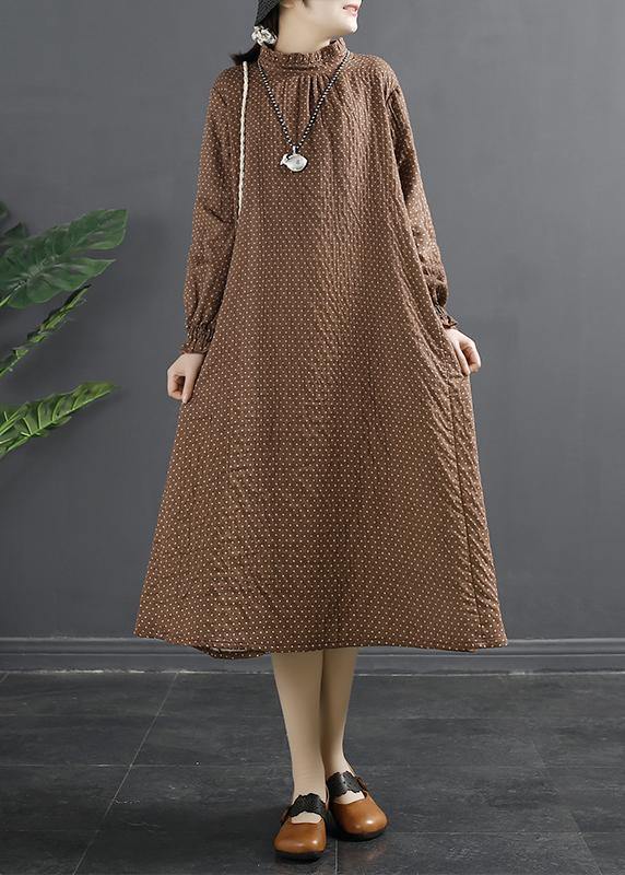 Chic Stand Collar Tunic Dress Work Outfits Chocolate Dotted Maxi Dress - bagstylebliss