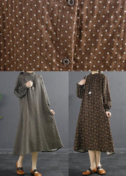 Chic Stand Collar Tunic Dress Work Outfits Chocolate Dotted Maxi Dress - bagstylebliss