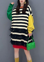 Chic Striped O Neck Tulle Patchwork Cotton Knit Mid Dress Fall