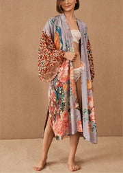 Chic V Neck Print Side Open Tie Waist Maxi Beach Cardigans Long Sleeve