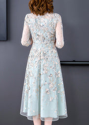 Chic Water Blue O-Neck Embroidered Floral Tunic Organza Long Dress Half Sleeve