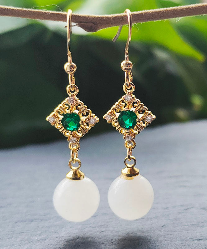 Chic White 14K Gold Inlaid Gem Stone Jade Zircon Drop Earrings