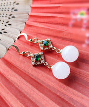 Chic White 14K Gold Inlaid Gem Stone Jade Zircon Drop Earrings