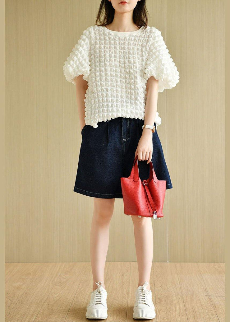 Chic White O-Neck Puff Sleeve Summer Cotton Tops - bagstylebliss