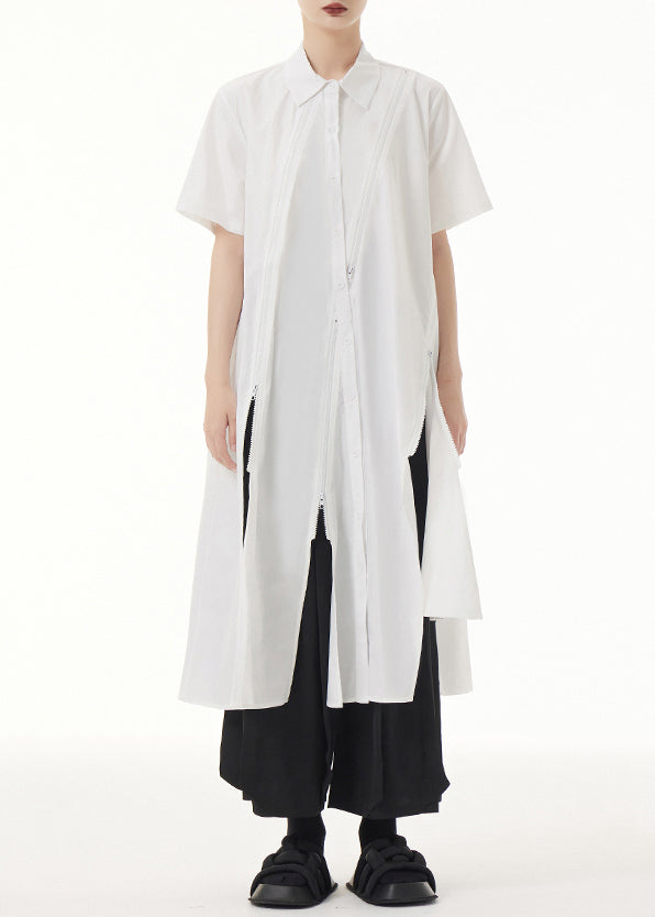 Chic White Peter Pan Collar Asymmetrical Patchwork Cotton Shirt Dress Summer