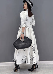 Chic White Peter Pan Collar Floral Print Chiffon Maxi Cinch Dress Half Sleeve