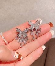 Chic White Sterling Silver Alloy Zircon Butterfly Tassel Drop Earrings