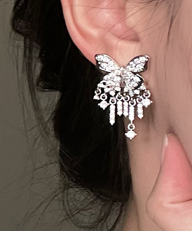 Chic White Sterling Silver Alloy Zircon Butterfly Tassel Drop Earrings