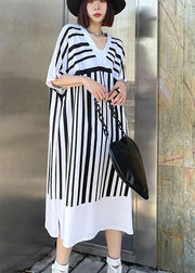 Chic White Striped Cotton Dress V Neck Summer Long Dresses - bagstylebliss