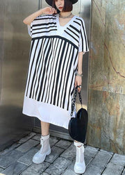 Chic White Striped Cotton Dress V Neck Summer Long Dresses - bagstylebliss