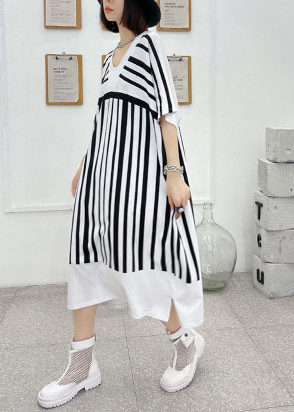 Chic White Striped Cotton Dress V Neck Summer Long Dresses - bagstylebliss