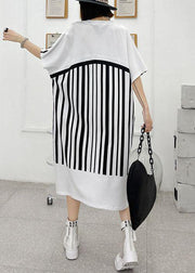 Chic White Striped Cotton Dress V Neck Summer Long Dresses - bagstylebliss