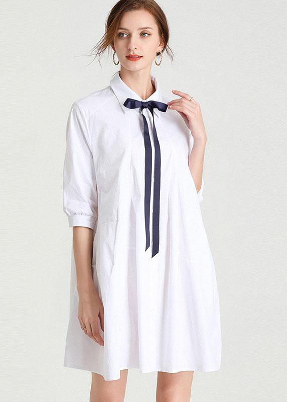 Chic White fashion Bow Summer Cotton Holiday Dress Half Sleeve - bagstylebliss