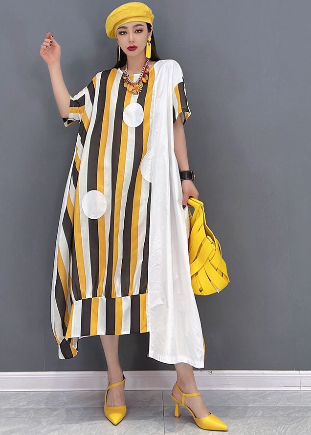 Chic Yellow Asymmetrical Striped Print Patchwork Cotton Maxi Dresses Short Sleeve