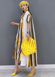 Chic Yellow Asymmetrical Striped Print Patchwork Cotton Maxi Dresses Short Sleeve