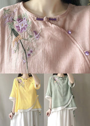 Chic Yellow Embroidered Patchwork Linen Shirt Tops Summer