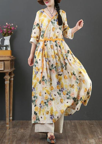 Chic Yellow Print Linen Dress V Necktie waist Summer Robe Dresses - bagstylebliss