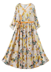 Chic Yellow Print Linen Dress V Necktie waist Summer Robe Dresses - bagstylebliss