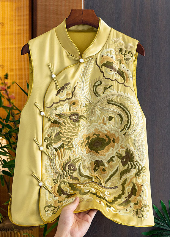 Chic Yellow Stand Collar Embroidered Side Open Silk Waistcoat Fall