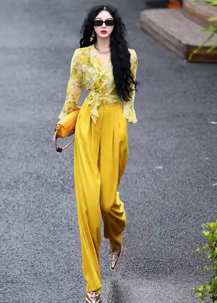 Chic Yellow V Neck Print Chiffon Shirts And Wide Leg Pants Two Pieces Set Fall