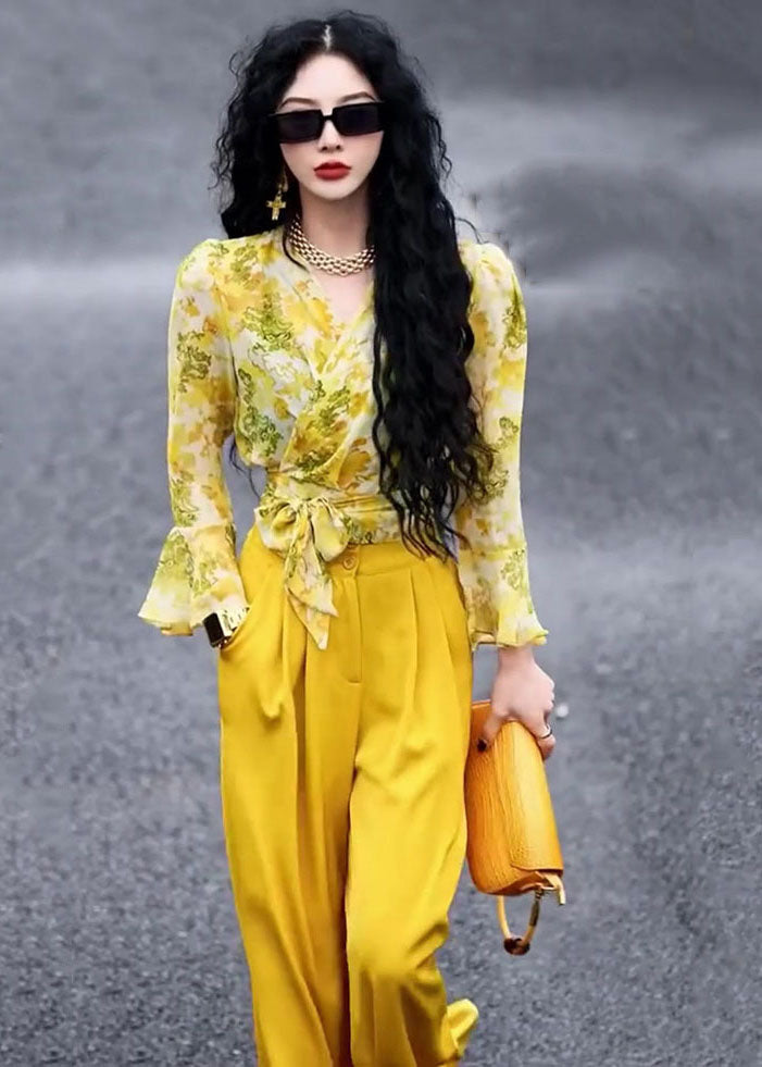 Chic Yellow V Neck Print Chiffon Shirts And Wide Leg Pants Two Pieces Set Fall