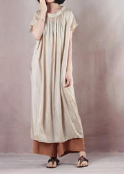 Chic beige cotton dress short sleeve Cinched Dress - bagstylebliss