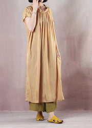 Chic beige cotton dress short sleeve Cinched Dress - bagstylebliss