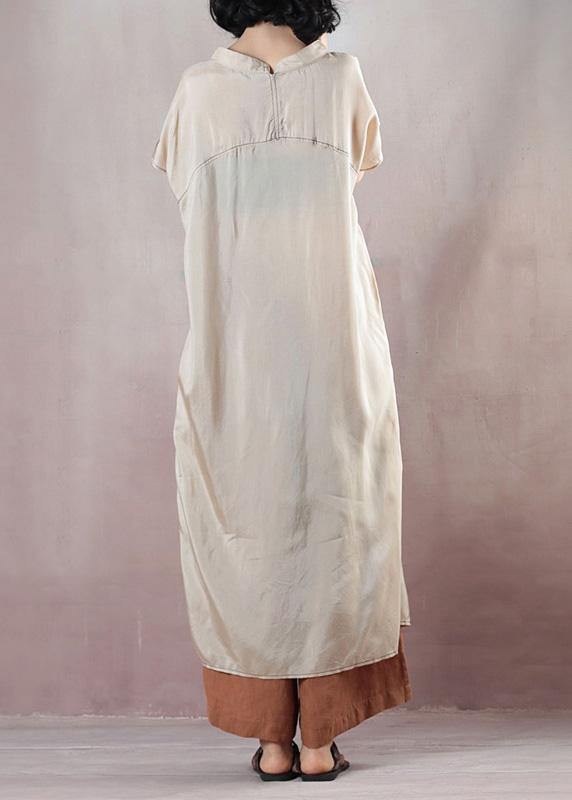 Chic beige cotton dress short sleeve Cinched Dress - bagstylebliss