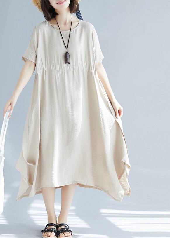 Chic big hem linen cotton clothes For Women Inspiration beige side open Dress summer - bagstylebliss