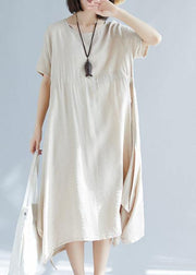 Chic big hem linen cotton clothes For Women Inspiration beige side open Dress summer - bagstylebliss