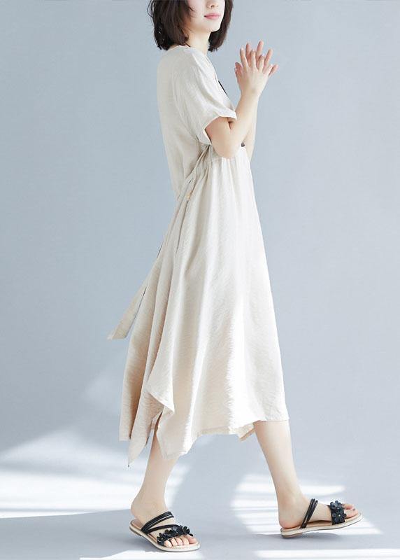 Chic big hem linen cotton clothes For Women Inspiration beige side open Dress summer - bagstylebliss