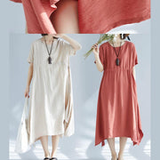 Chic big hem linen cotton clothes For Women Inspiration beige side open Dress summer - bagstylebliss