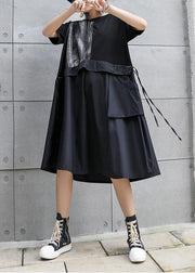 Chic black Cotton Long Shirts o neck patchwork Art summer Dress - bagstylebliss