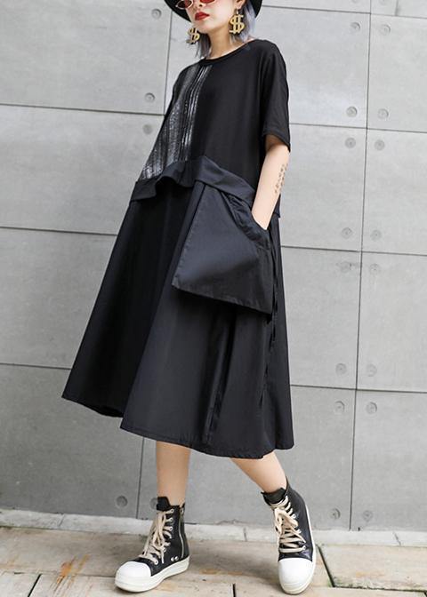 Chic black Cotton Long Shirts o neck patchwork Art summer Dress - bagstylebliss