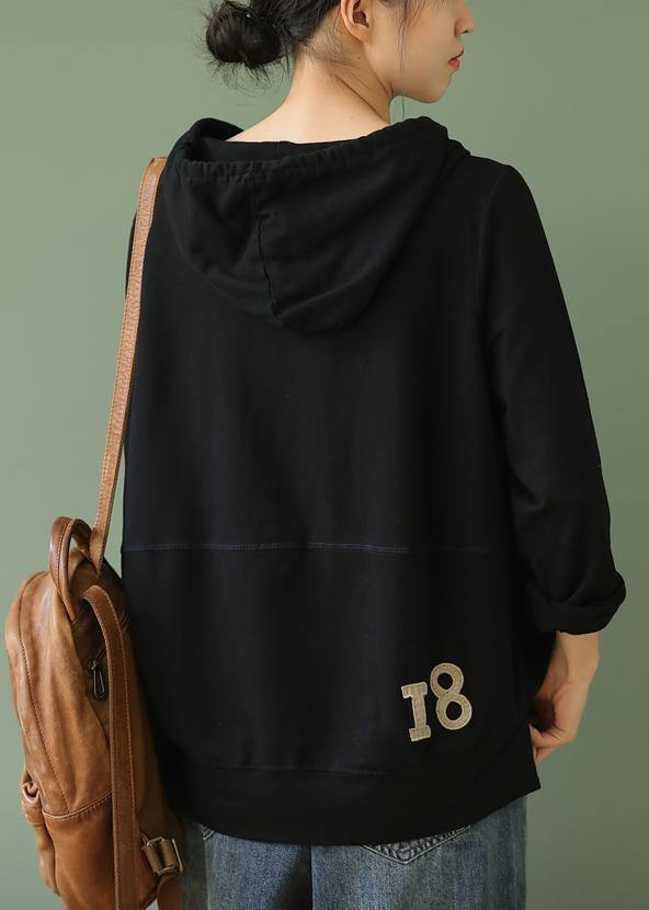 Chic black Letter tops women blouses hooded pockets Knee blouses - bagstylebliss