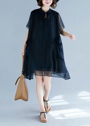 Chic black chiffon clothes For Women 18th Century Work stand collar pockets Robe Summer Dresses - bagstylebliss