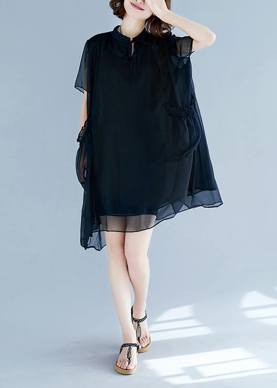 Chic black chiffon clothes For Women 18th Century Work stand collar pockets Robe Summer Dresses - bagstylebliss