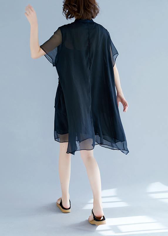 Chic black chiffon clothes For Women 18th Century Work stand collar pockets Robe Summer Dresses - bagstylebliss