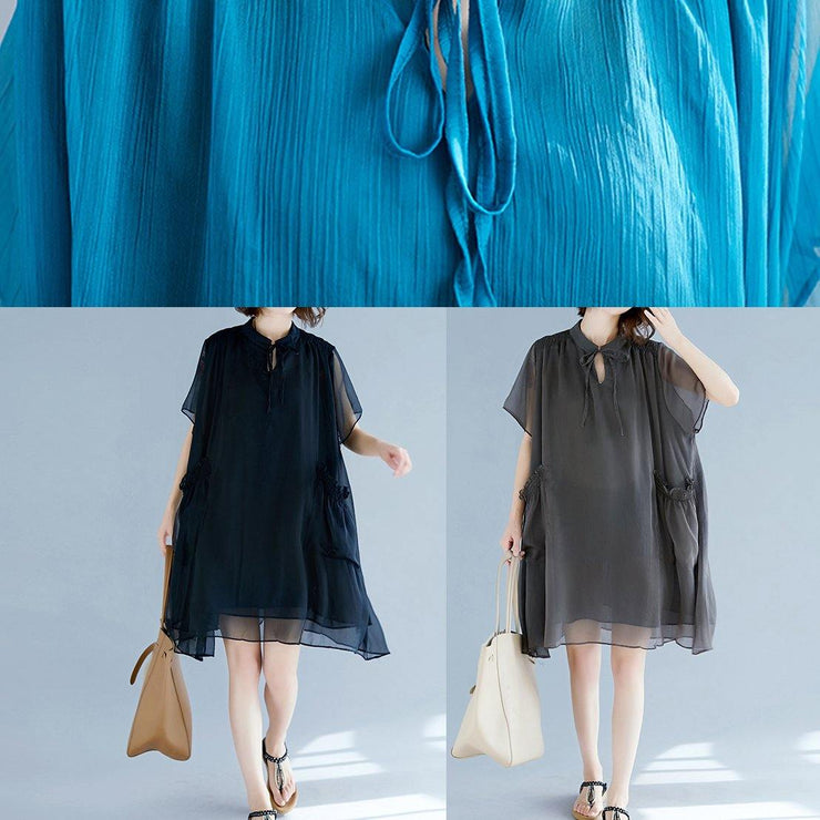 Chic black chiffon clothes For Women 18th Century Work stand collar pockets Robe Summer Dresses - bagstylebliss