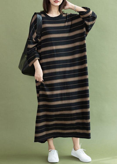Chic black chocolate striped cotton quilting dresses o neck baggy long fall Dresses - bagstylebliss