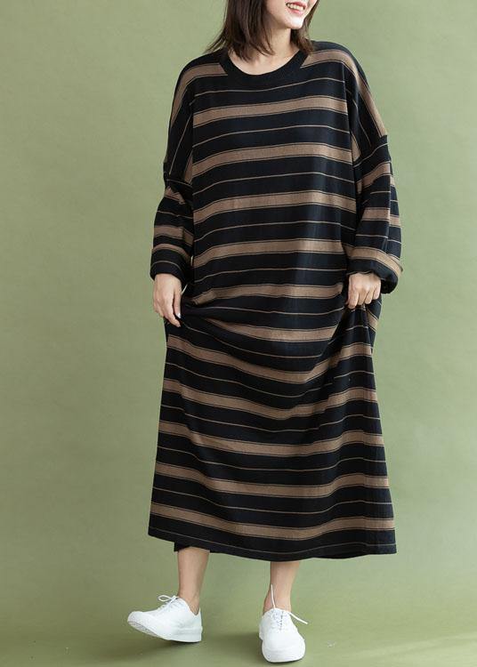 Chic black chocolate striped cotton quilting dresses o neck baggy long fall Dresses - bagstylebliss