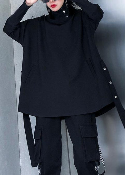 Chic black cotton Blouse high neck asymmetric daily blouse - bagstylebliss