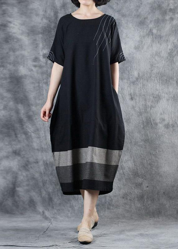 Chic black cotton dress patchwork long summer Dress - bagstylebliss