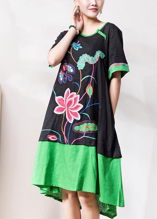 Chic black embroidery linen dresses o neck patchwork Dresses summer Dress - bagstylebliss