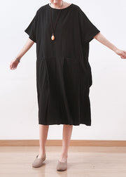 Chic black linen clothes Korea Sewing o neck asymmetric baggy Summer Dress